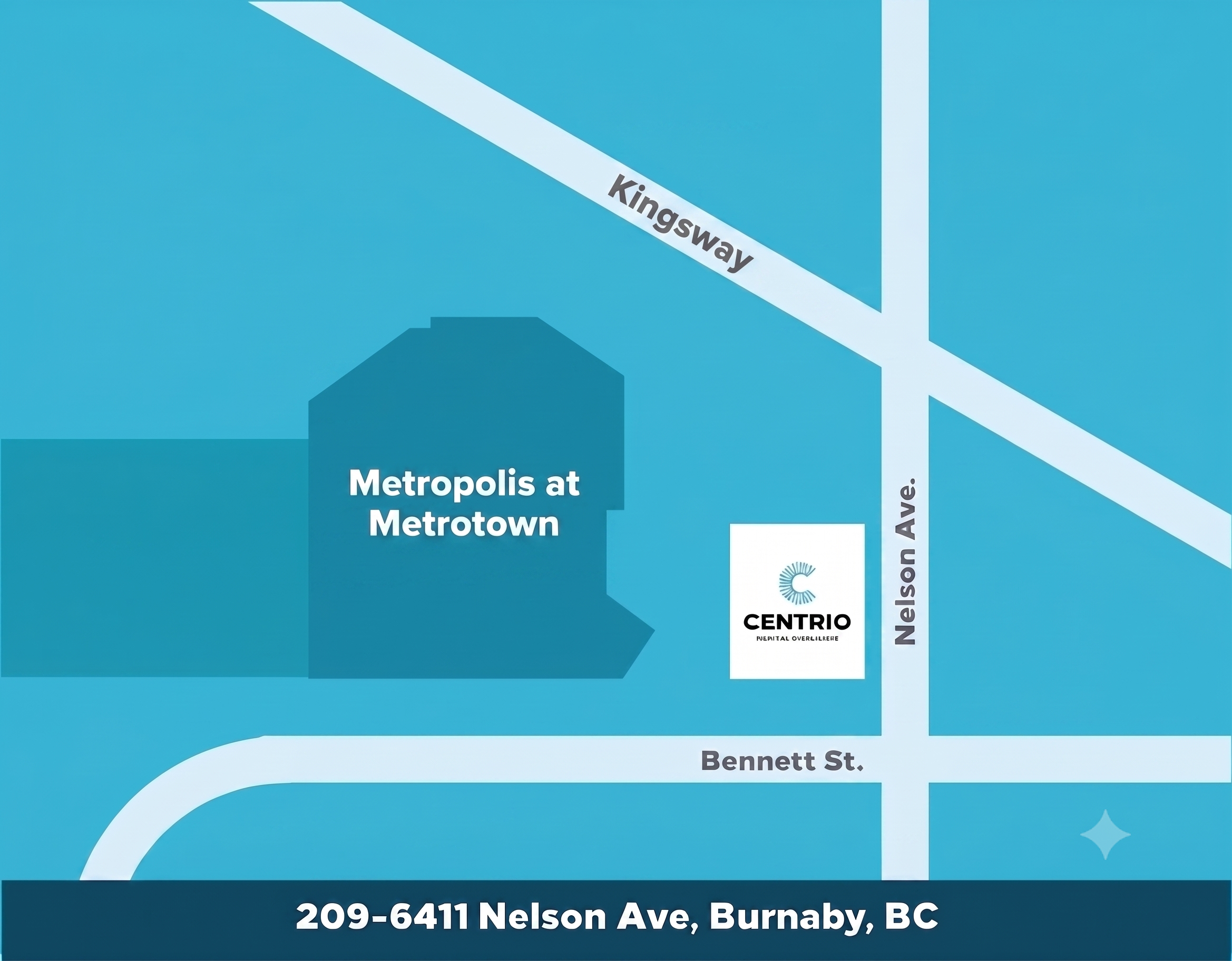 Map showing Centrio Medical at 209-6411 Nelson Ave, Burnaby